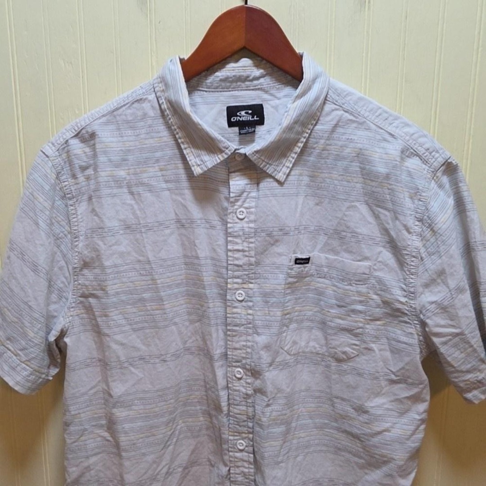 O'Neill Shirt Mens Large Beige Striped Short Sleeve Button Up Cotton Casual